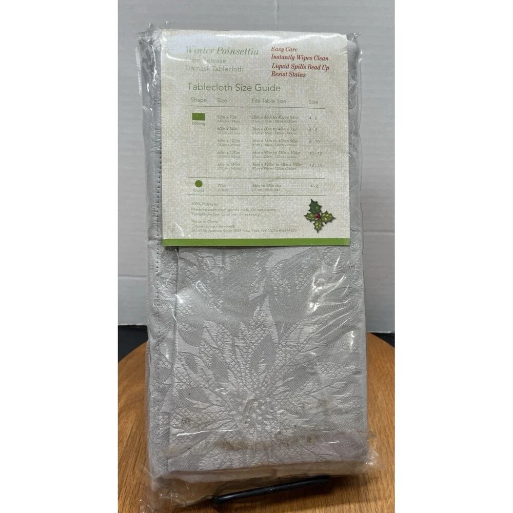 Winter Poinsettia Stain Release Damask Tablecloth Oblong 52in x 70in Holiday